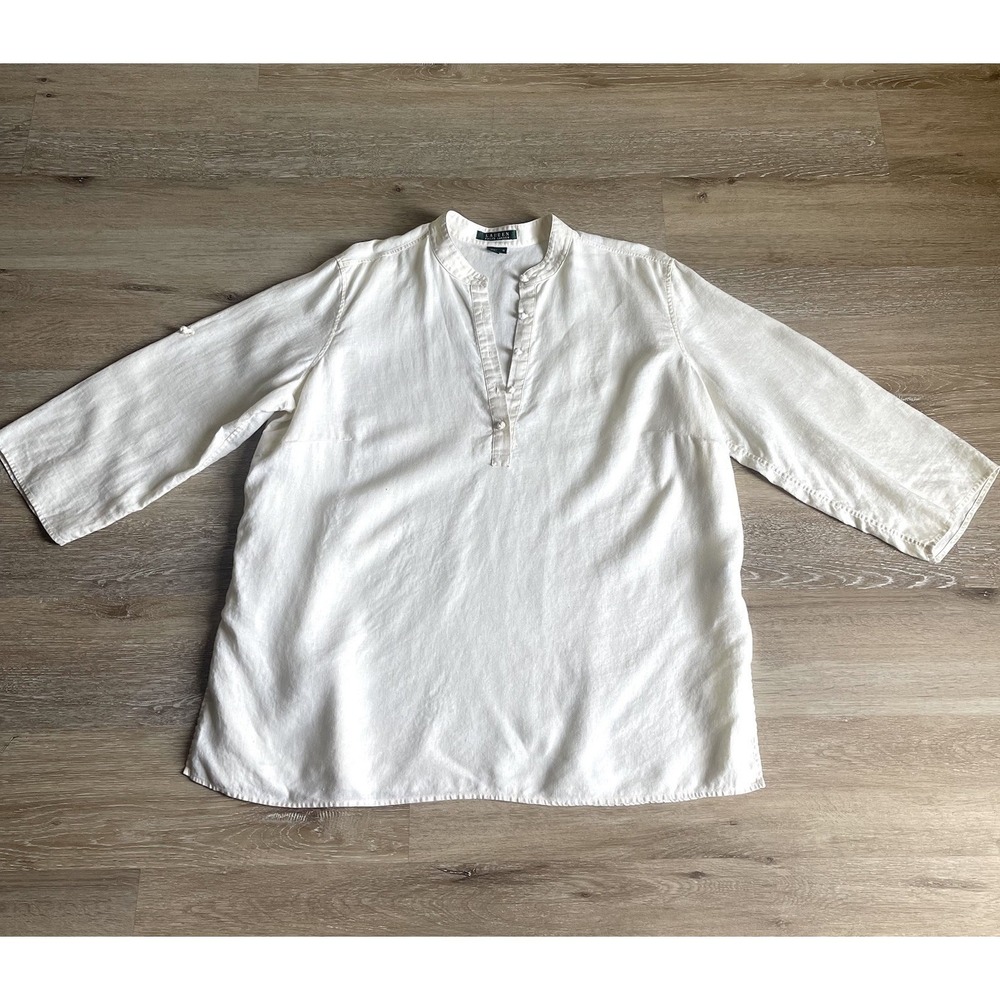 Lauren Ralph Lauren Linen Popover Blouse 1X Ivory Band Collar Knot Buttons